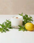 Neve scented white candle with wooden wick surrounded by green leaves and fresh lemon on white surface